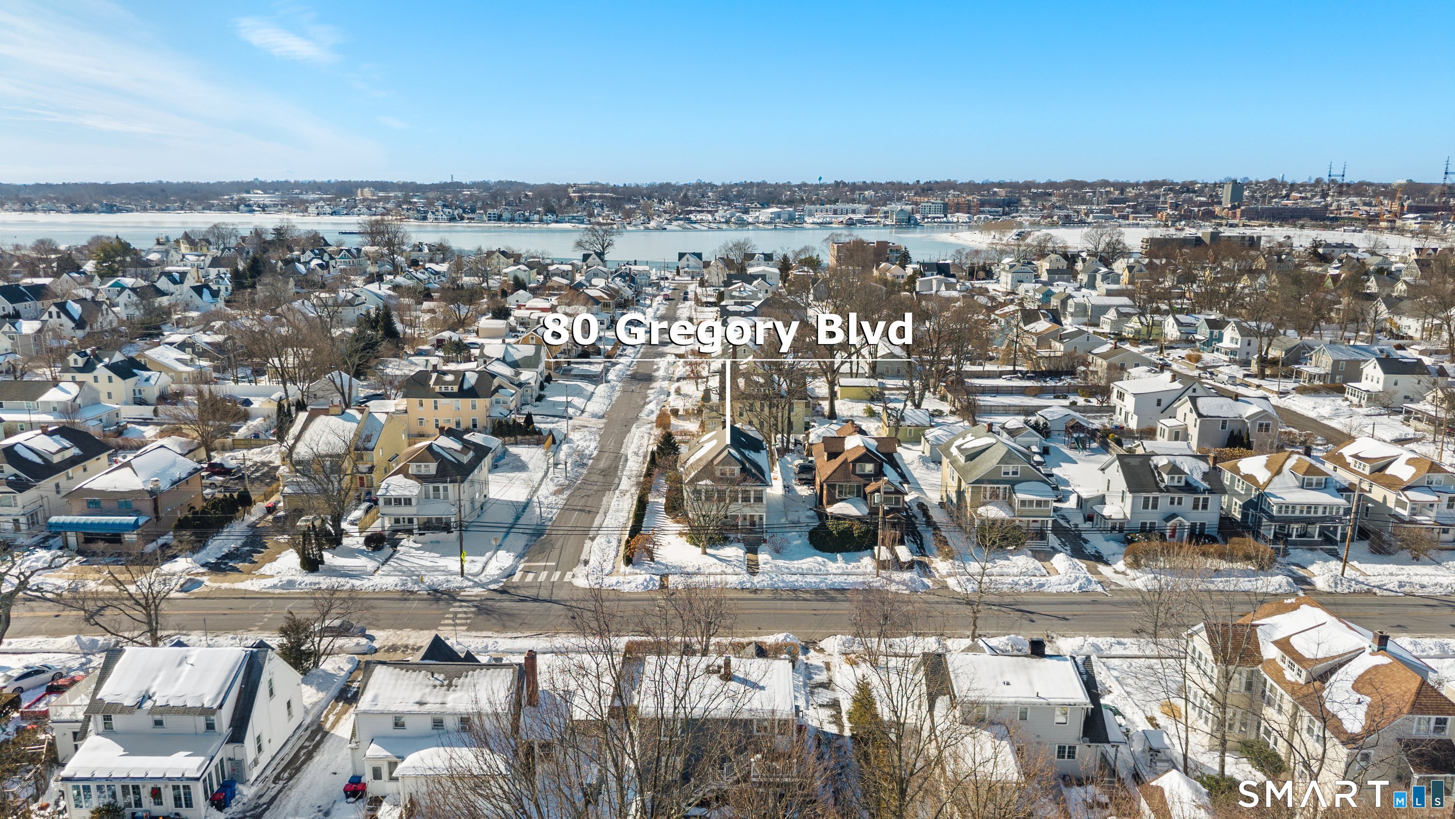 Aerial view of 80 Gregory Blvd, East Norwalk - near waterfront