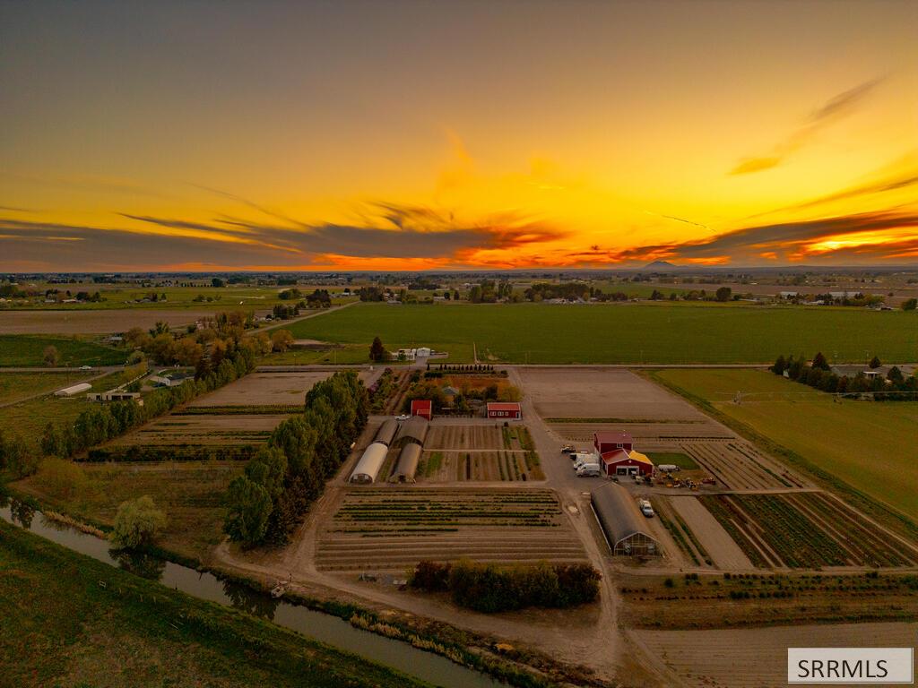 Sunset aerial photograph of Florage flower farm in Blackfoot, Idaho